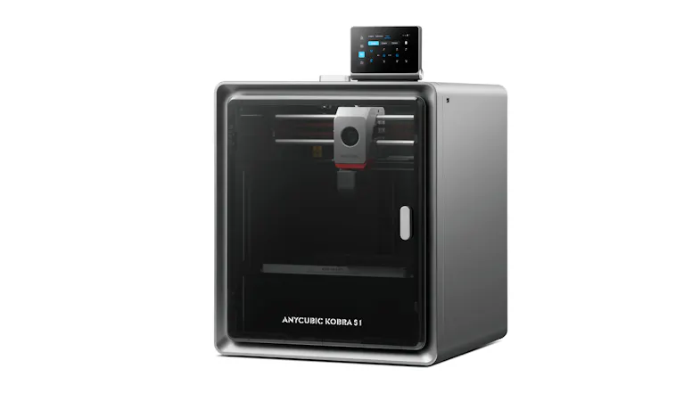 An angled view of the Anycubic Kobra printer, with an enclosed design and a control panel on top An angled view of the Anycubic Kobra printer, with an enclosed design and a control panel on top