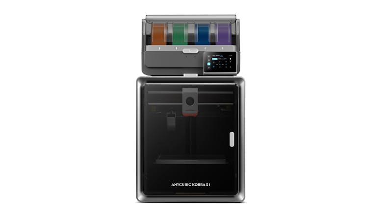 Front view of the Anycubic Kobra 3D printer with an enclosed build chamber and a multi-colour filament system on top Front view of the Anycubic Kobra 3D printer with an enclosed build chamber and a multi-colour filament system on top