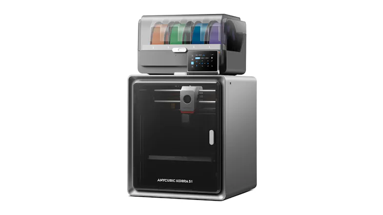 An angled view of the Anycubic Kobra 3D printer, with filament spools and a control panel An angled view of the Anycubic Kobra 3D printer, with filament spools and a control panel