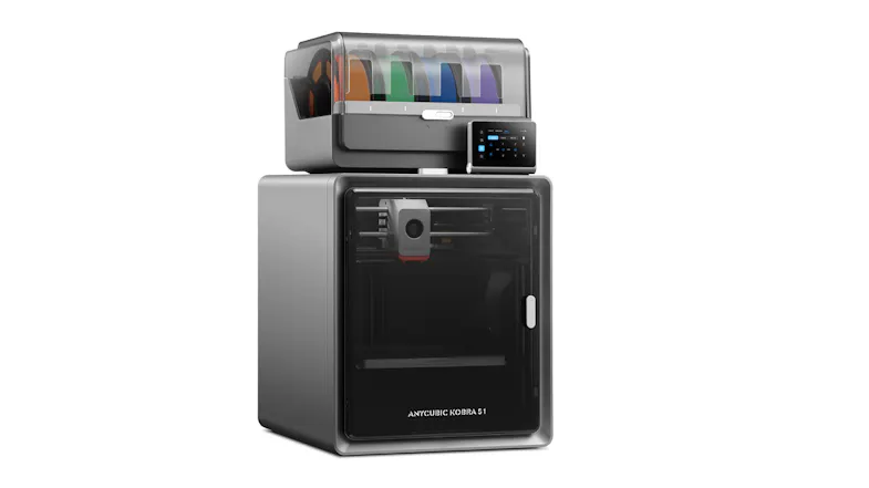 An angled view of the Anycubic Kobra S1 enclosed 3D printer, with a multicoloured filament storage on top An angled view of the Anycubic Kobra S1 enclosed 3D printer, with a multicoloured filament storage on top
