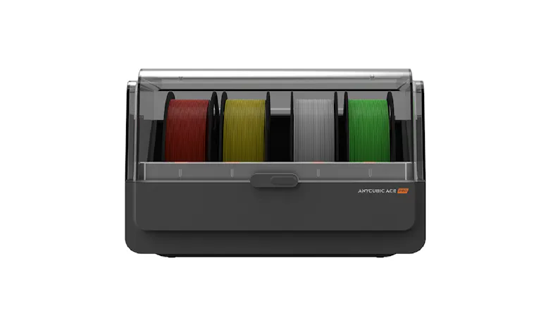 A transparent cover encloses the Anycubic Ace Pro 3D printer and its four filament spools in red, yellow, white, and green A transparent cover encloses the Anycubic Ace Pro 3D printer and its four filament spools in red, yellow, white, and green