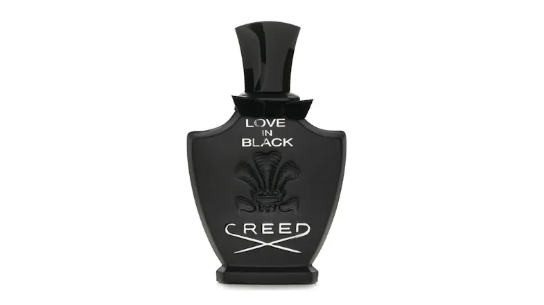 Front view of Creed Love in Black perfume bottle with embossed crest and silver text Front view of Creed Love in Black perfume bottle with embossed crest and silver text