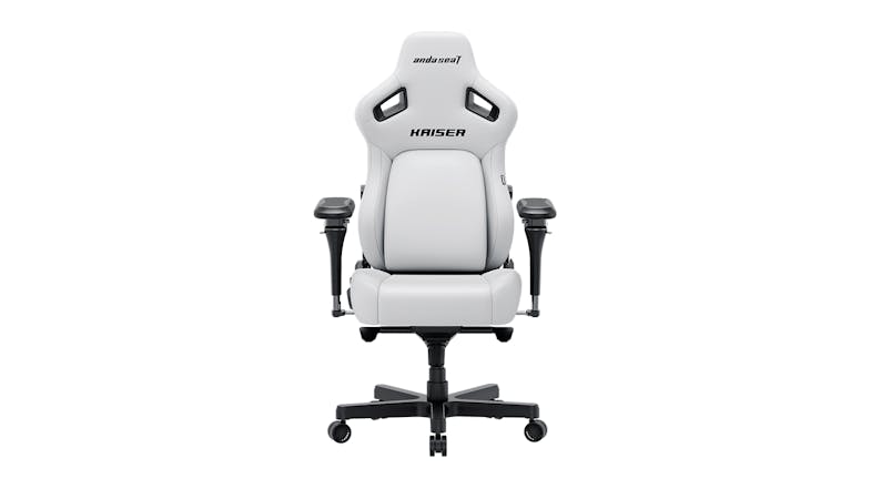Front view of the AndaSeat Kaiser 4 V2 XL in Cloud White, showcasing its wide ergonomic frame Front view of the AndaSeat Kaiser 4 V2 XL in Cloud White, showcasing its wide ergonomic frame