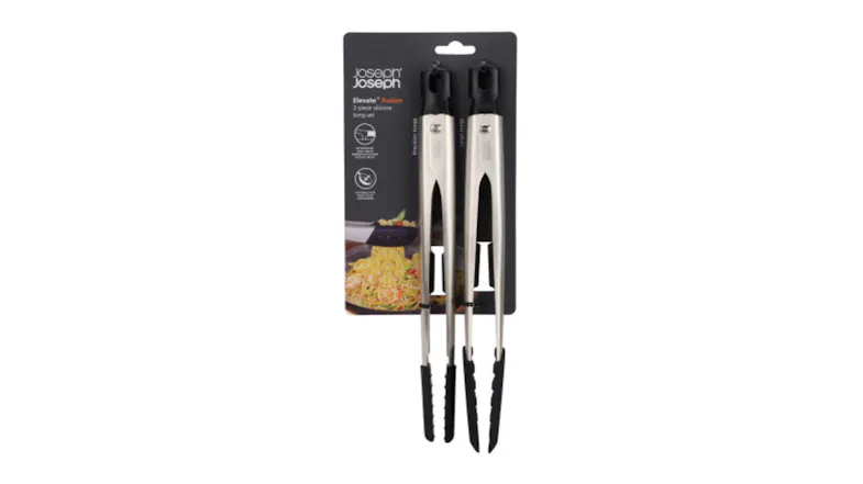 Two stainless steel tongs with black silicone tips in Joseph Joseph branded packaging Two stainless steel tongs with black silicone tips in Joseph Joseph branded packaging