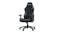 A black ergonomic gaming chair viewed from a front-right angle A black ergonomic gaming chair viewed from a front-right angle