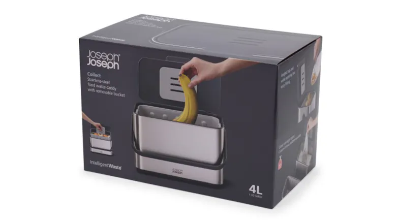 Box of Joseph Joseph stainless-steel food waste caddy showing product features Box of Joseph Joseph stainless-steel food waste caddy showing product features