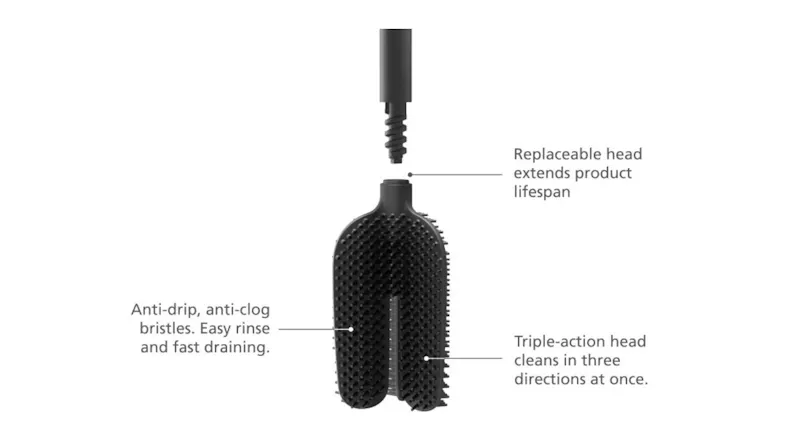 Close-up of Joseph Joseph Flex toilet brush head showing anti-clog bristles, triple-action head, and replaceable head Close-up of Joseph Joseph Flex toilet brush head showing anti-clog bristles, triple-action head, and replaceable head