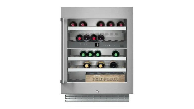 Stainless steel Gaggenau 200 Series wine fridge with glass door, showing multiple shelves holding wine bottles Stainless steel Gaggenau 200 Series wine fridge with glass door, showing multiple shelves holding wine bottles