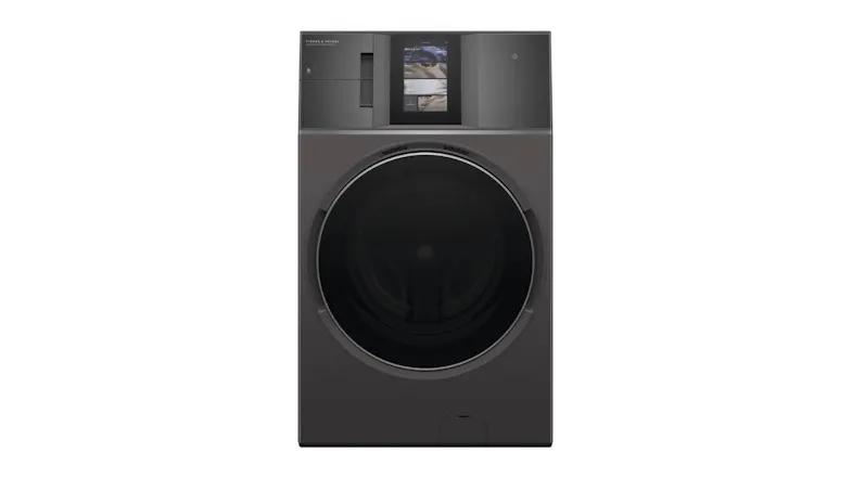 Front view of Fisher & Paykel Series 9 18kg + 10kg Front Loader Washer Dryer Combo in grey Front view of Fisher & Paykel Series 9 18kg + 10kg Front Loader Washer Dryer Combo in grey