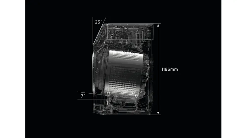 Transparent side view diagram of the appliance showing internal drum and dimensions labelled in millimetres Transparent side view diagram of the appliance showing internal drum and dimensions labelled in millimetres