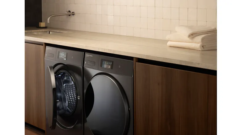 Dark grey laundry pair with one partially open Dark grey laundry pair with one partially open