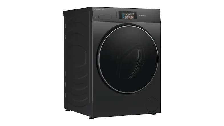 Angled view of the washing machine with a dark door Angled view of the washing machine with a dark door