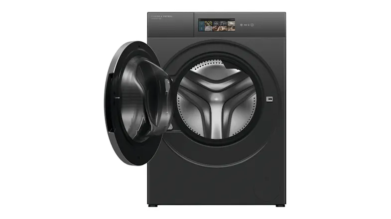 Front view of the washing machine with the door fully open Front view of the washing machine with the door fully open