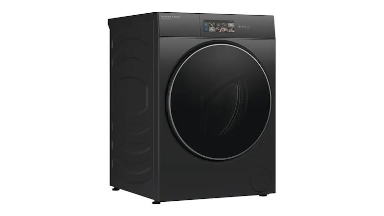 Angled view of the washing machine with a dark door Angled view of the washing machine with a dark door