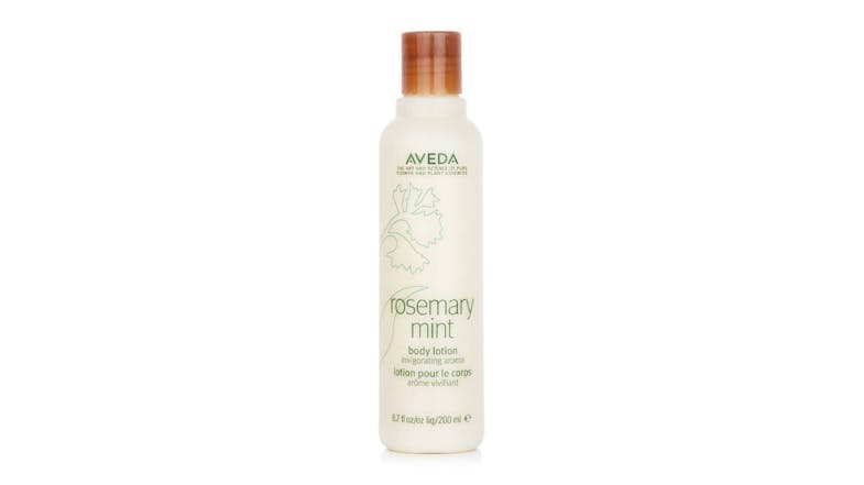 Aveda Rosemary Mint Body Lotion in a tall, off-white bottle with a brown cap Aveda Rosemary Mint Body Lotion in a tall, off-white bottle with a brown cap
