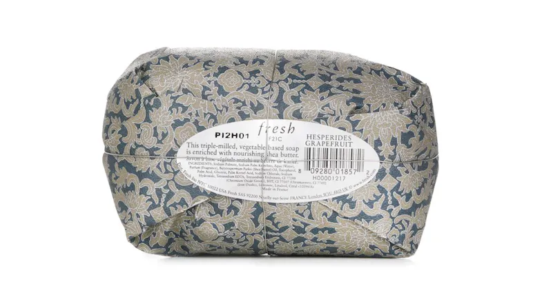Back view of the Fresh Hesperides Grapefruit Soap packaging, showing a white oval label with a barcode Back view of the Fresh Hesperides Grapefruit Soap packaging, showing a white oval label with a barcode