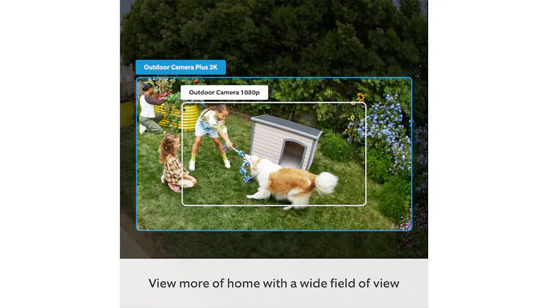 Wide-angle 2K video demonstration showing children and a dog playing in a large green garden Wide-angle 2K video demonstration showing children and a dog playing in a large green garden