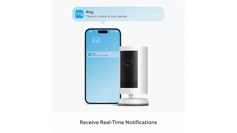 Phone alert and Ring camera illustration for real-time motion notifications in the garden Phone alert and Ring camera illustration for real-time motion notifications in the garden