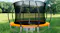 Straight-on view of orange arc trampoline with black safety net and ladder Straight-on view of orange arc trampoline with black safety net and ladder