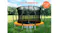 An orange arc trampoline with a safety enclosure and ladder, positioned in a backyard setting An orange arc trampoline with a safety enclosure and ladder, positioned in a backyard setting