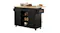 Black rolling kitchen island with wooden top, drawers, shelves, spice rack, and towel holder Black rolling kitchen island with wooden top, drawers, shelves, spice rack, and towel holder