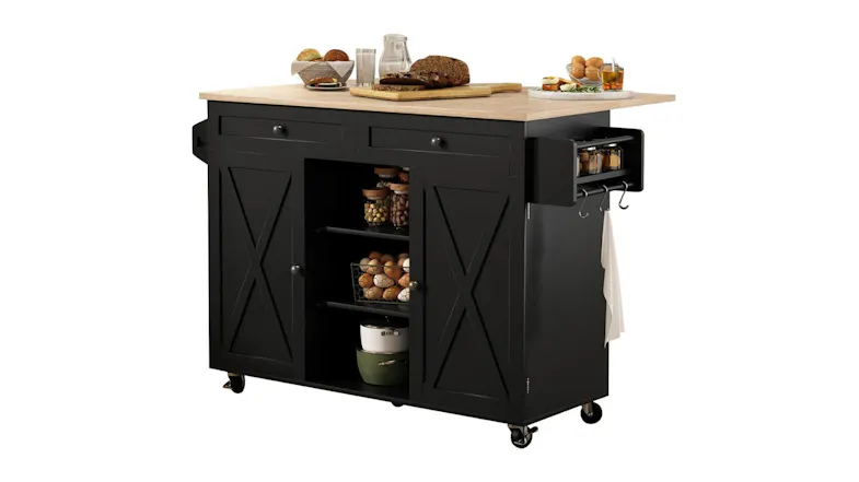 Black rolling kitchen island with wooden top, drawers, shelves, spice rack, and towel holder Black rolling kitchen island with wooden top, drawers, shelves, spice rack, and towel holder