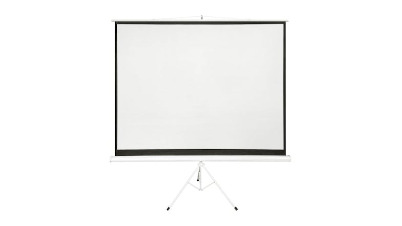 White 120-inch tripod projector screen with black border on a white stand White 120-inch tripod projector screen with black border on a white stand