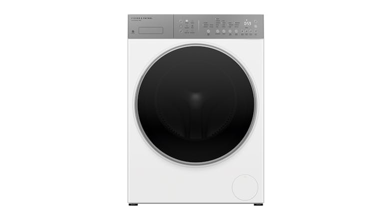 Front view of a white Fisher & Paykel Series 5 8kg front loader washing machine with a grey control panel Front view of a white Fisher & Paykel Series 5 8kg front loader washing machine with a grey control panel