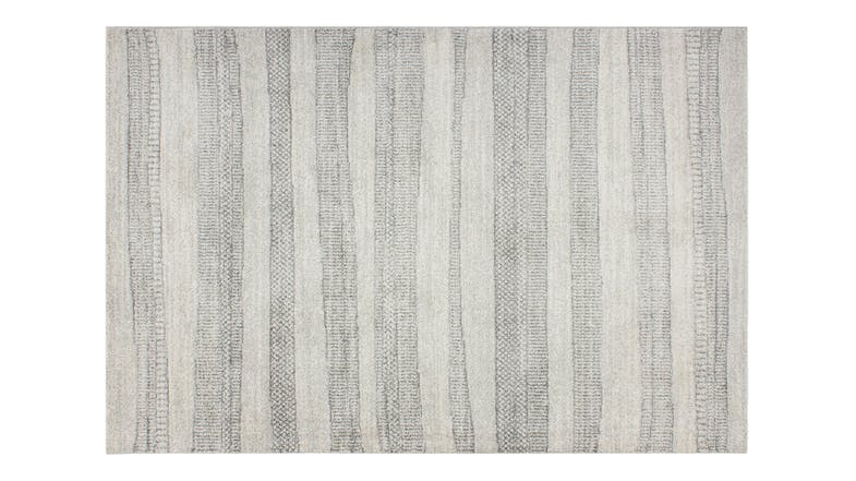 Full rug view showing a subtle striped design in ivory and soft taupe Full rug view showing a subtle striped design in ivory and soft taupe