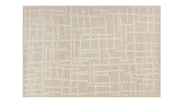 Full rug view showing a warm, natural base with an abstract, linear grid pattern in raised ivory lines Full rug view showing a warm, natural base with an abstract, linear grid pattern in raised ivory lines