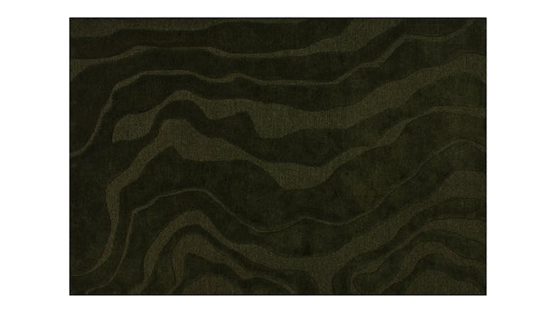 Full rug view showing an organic, wavy pattern in deep and muted olive tones Full rug view showing an organic, wavy pattern in deep and muted olive tones