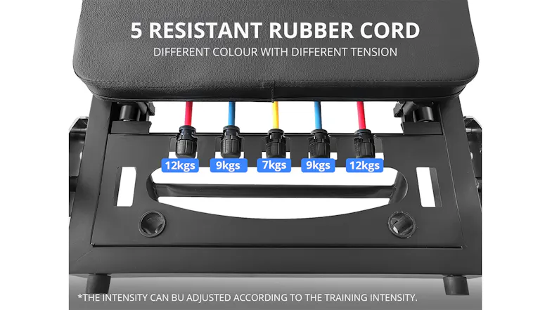 Tension adjustment system of the PROTRAIN Reformer featuring five resistant rubber cords Tension adjustment system of the PROTRAIN Reformer featuring five resistant rubber cords