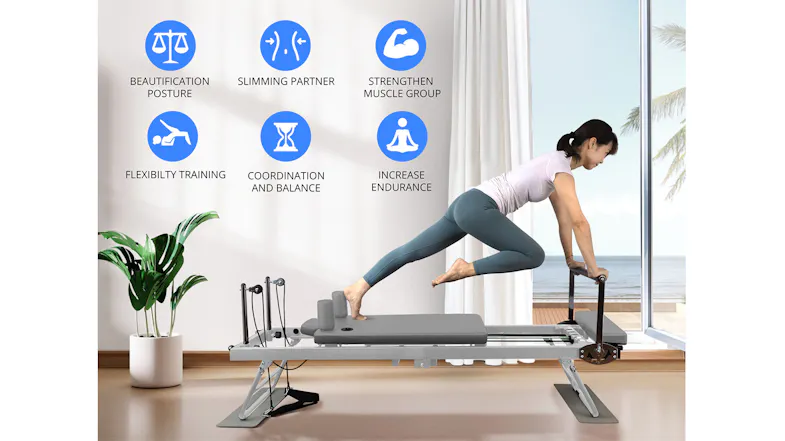 PROTRAIN Reformer Pilates device used for core strength, posture, and endurance training PROTRAIN Reformer Pilates device used for core strength, posture, and endurance training