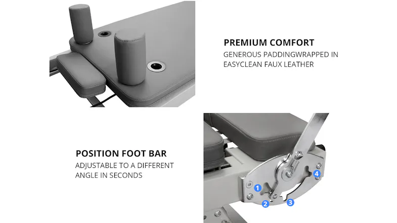 Close-up of the adjustable foot bar and faux leather padding on the PROTRAIN Reformer Close-up of the adjustable foot bar and faux leather padding on the PROTRAIN Reformer