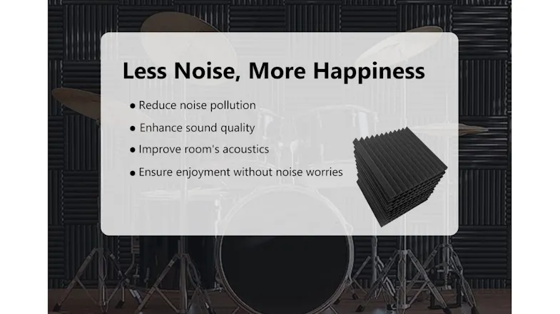Drum kit in a studio with black acoustic foam panels and a display highlighting noise reduction benefits Drum kit in a studio with black acoustic foam panels and a display highlighting noise reduction benefits