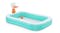 Inflatable rectangular pool with teal sides and a built-in orange basketball hoop and ball Inflatable rectangular pool with teal sides and a built-in orange basketball hoop and ball