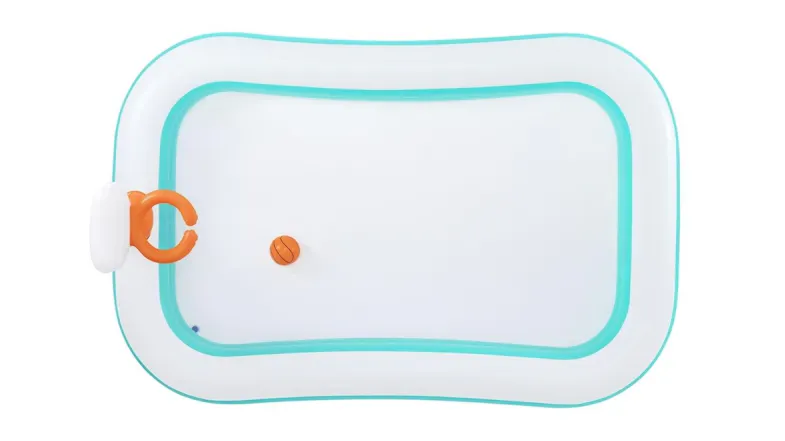 Top view of an inflatable pool with an orange basketball hoop and an orange ball inside Top view of an inflatable pool with an orange basketball hoop and an orange ball inside