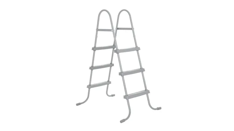 A grey above‑ground pool ladder with a metal frame and three slip‑resistant steps A grey above‑ground pool ladder with a metal frame and three slip‑resistant steps