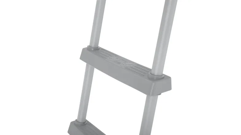 Close-up of a grey pool ladder showing textured, slip-resistant plastic steps and metal side rails Close-up of a grey pool ladder showing textured, slip-resistant plastic steps and metal side rails