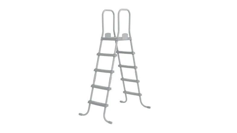 A grey above‑ground pool ladder with a metal frame and five slip‑resistant steps A grey above‑ground pool ladder with a metal frame and five slip‑resistant steps