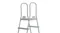 Close-up of the top section of a grey A-frame pool ladder with tall handrails and a platform Close-up of the top section of a grey A-frame pool ladder with tall handrails and a platform