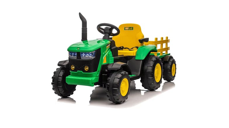 A green and yellow TSB Ride On Car ride-on toy tractor with a trailer A green and yellow TSB Ride On Car ride-on toy tractor with a trailer