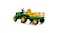 A green and yellow TSB toy tractor, shown from a backside angle, features a rear trailer A green and yellow TSB toy tractor, shown from a backside angle, features a rear trailer