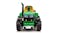 A front view of a green and yellow ride-on tractor and trailer, with large wheels and bright headlights. A front view of a green and yellow ride-on tractor and trailer, with large wheels and bright headlights.