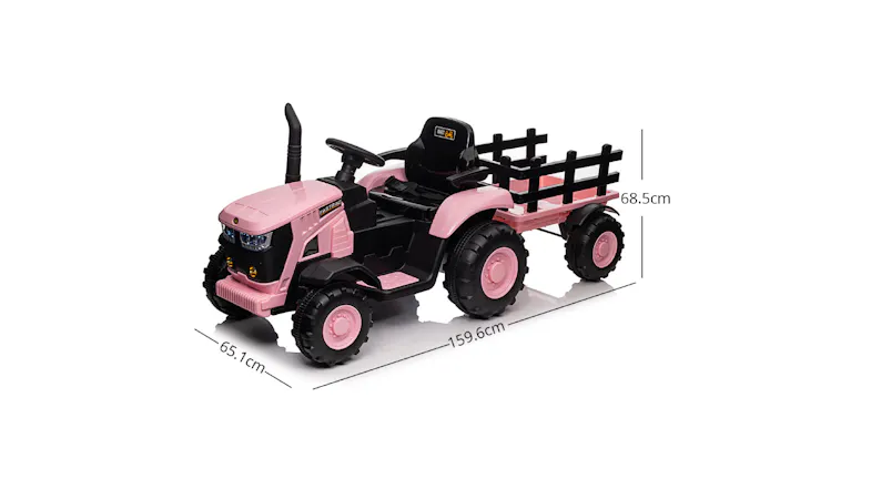 A pink ride-on toy tractor with a detachable trailer and measurements A pink ride-on toy tractor with a detachable trailer and measurements