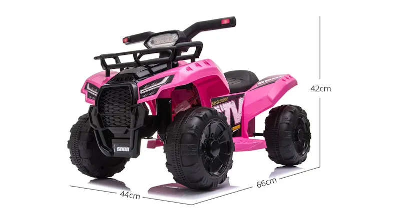 Kids' ride-on ATV toy with black wheels shown with height and length measurements Kids' ride-on ATV toy with black wheels shown with height and length measurements