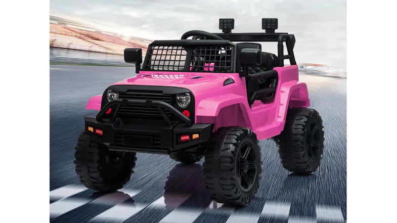 Electric pink ride-on jeep toy featuring large wheels and off-road styling Electric pink ride-on jeep toy featuring large wheels and off-road styling