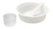 White plastic rice cooker accessories including a bowl, strainer insert, rice paddle, and measuring cup White plastic rice cooker accessories including a bowl, strainer insert, rice paddle, and measuring cup