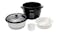 White plastic rice cooker accessories, including a bowl, strainer insert, rice paddle, and measuring cup White plastic rice cooker accessories, including a bowl, strainer insert, rice paddle, and measuring cup