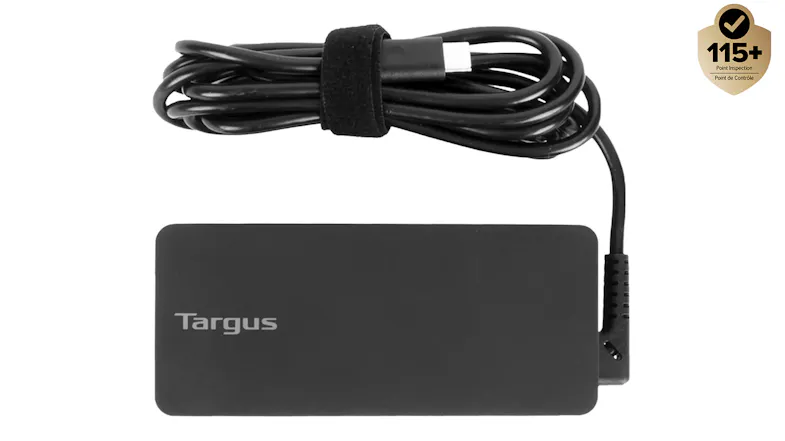 Top-down view of a black Targus 100W adapter with a neatly coiled USB-C charging cable Top-down view of a black Targus 100W adapter with a neatly coiled USB-C charging cable